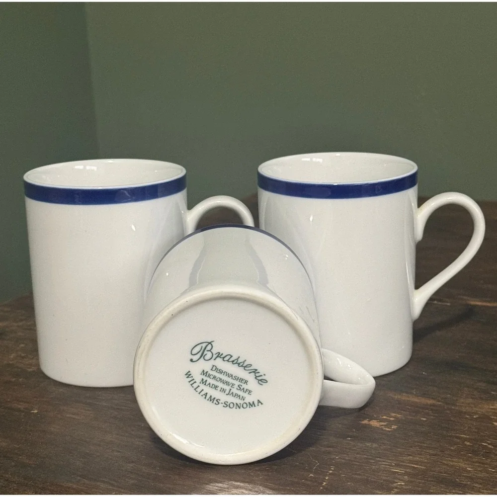 Three Williams- Sonoma Brasserie Coffee Mugs Japan 12 oz. White Blue Rim